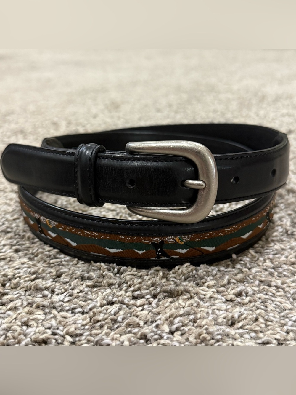 Columbia Belt Mens 40 Black Vintage Leather Fly Fishing Mountain Ribbon